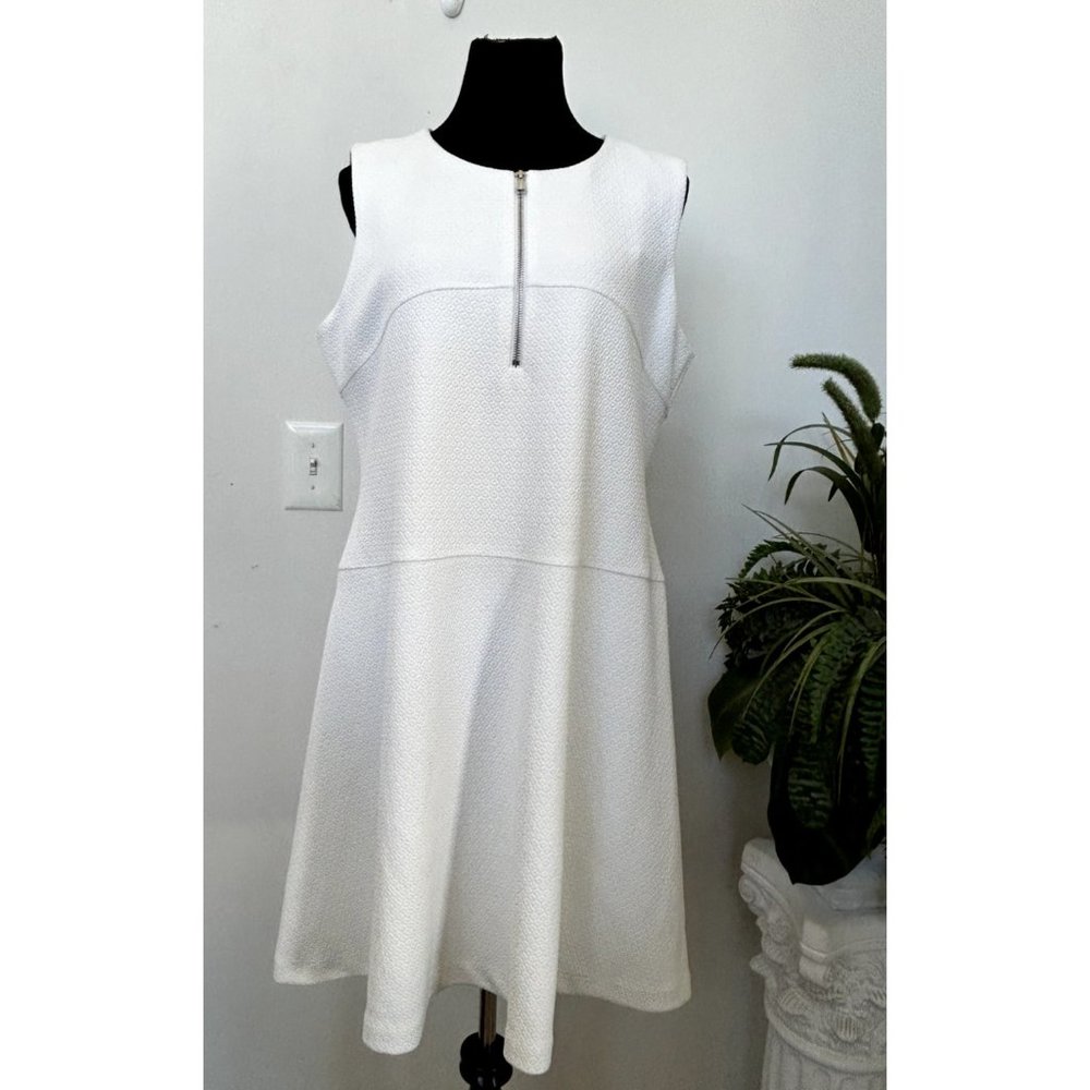 NWT Calvin Klein Womens White Front Zip Sleeveless Texture Fit Flare Dress Sz 16